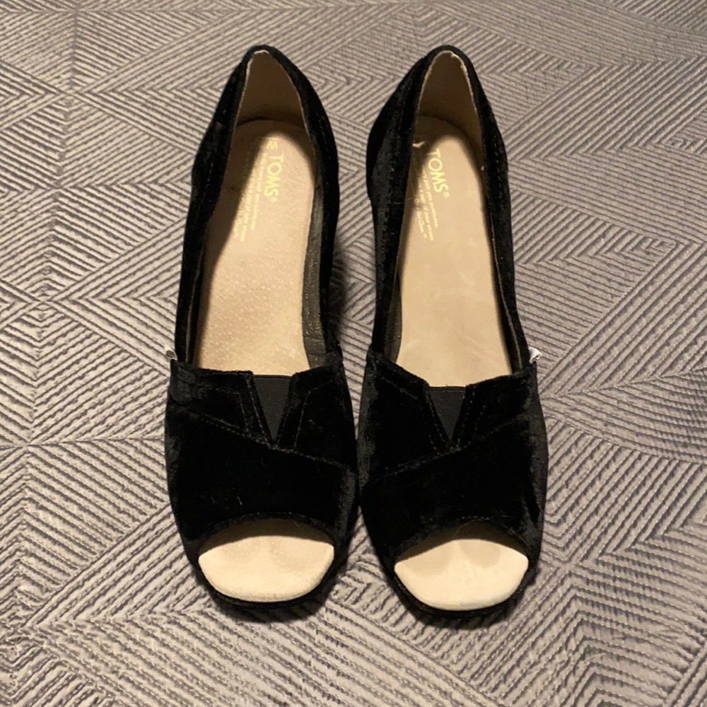 Black velvet peep toe wedges